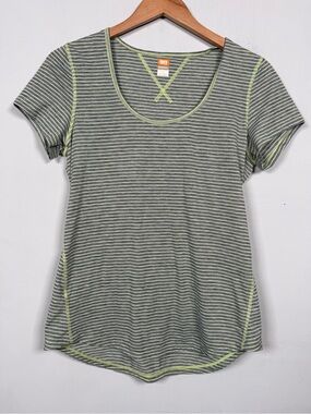 Lucy Activewear Striped Short Sleeve Scoop Neck Top Gray Lime Green Size M